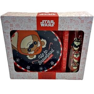 Star Wars Up to Snow Good Santa Blue Cookie Plate and Milk Glass